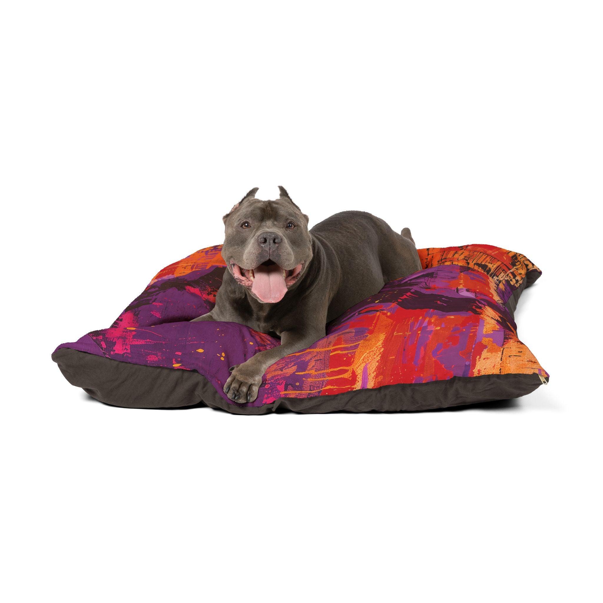 Abstract Sunset Pet Bed – Vibrant Purple & Orange Artistic Dog Cushion