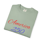 America 250 T-shirt | Patriotic Script, Red and Blue Text
