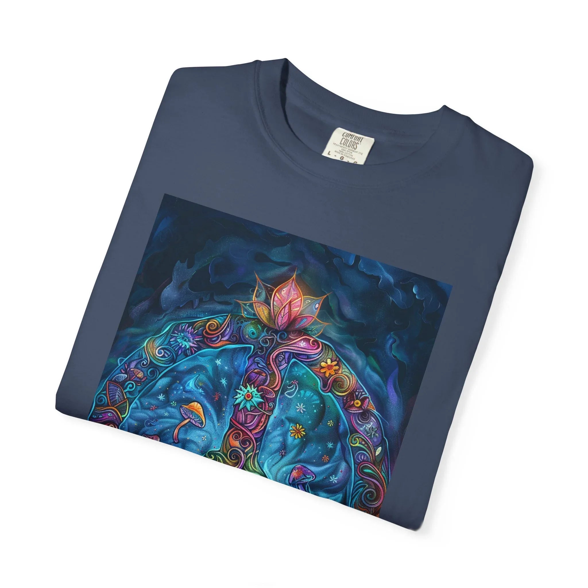 Floral Peace Sign T-shirt | Psychedelic Hippie Vibes, Blue Shirt - 250 USA Celebration