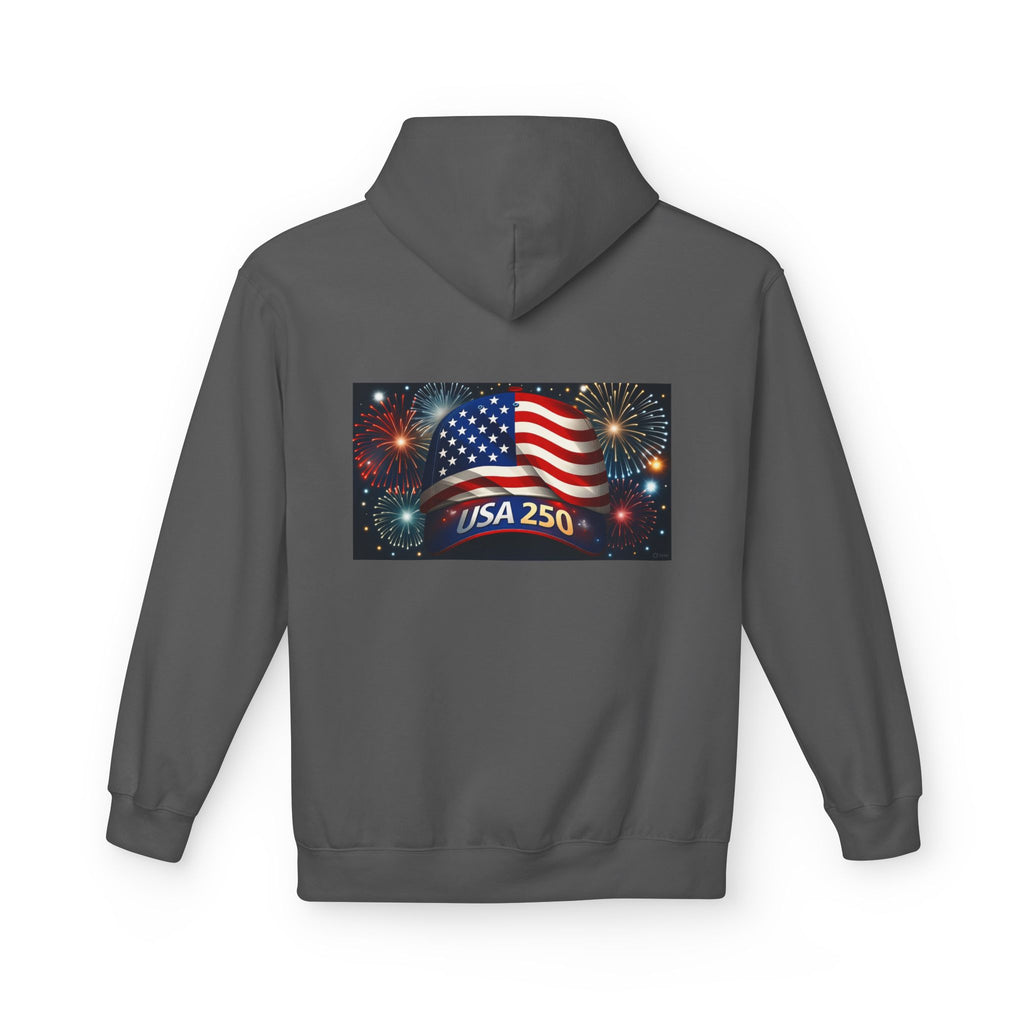 USA 250 Patriotic Hoodie with American Flag & Fireworks