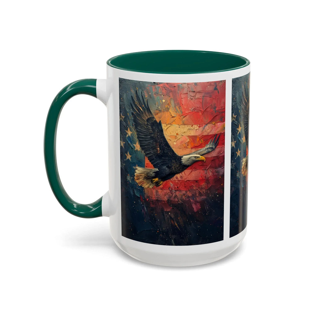 Colorful Mugs (11oz, 15oz) American Eagle Flying Coffee Cup, Patriotic American Eagle flying with American Flag in background - 250 USA Celebration