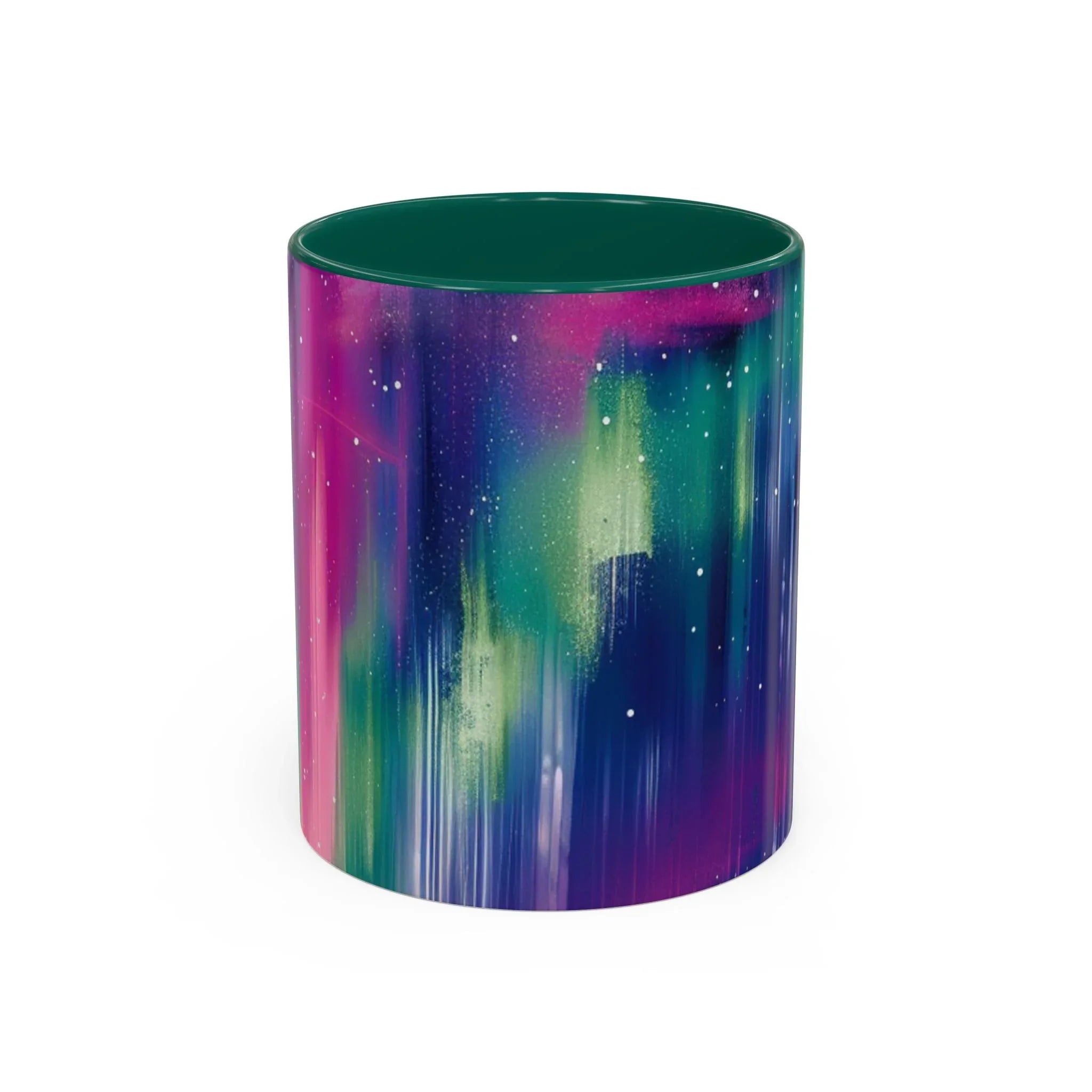 Colorful Mugs (11oz, 15oz), aurora borealis coffee cup design, northern lights starry silhouettes coffee cup - 250 USA Celebration