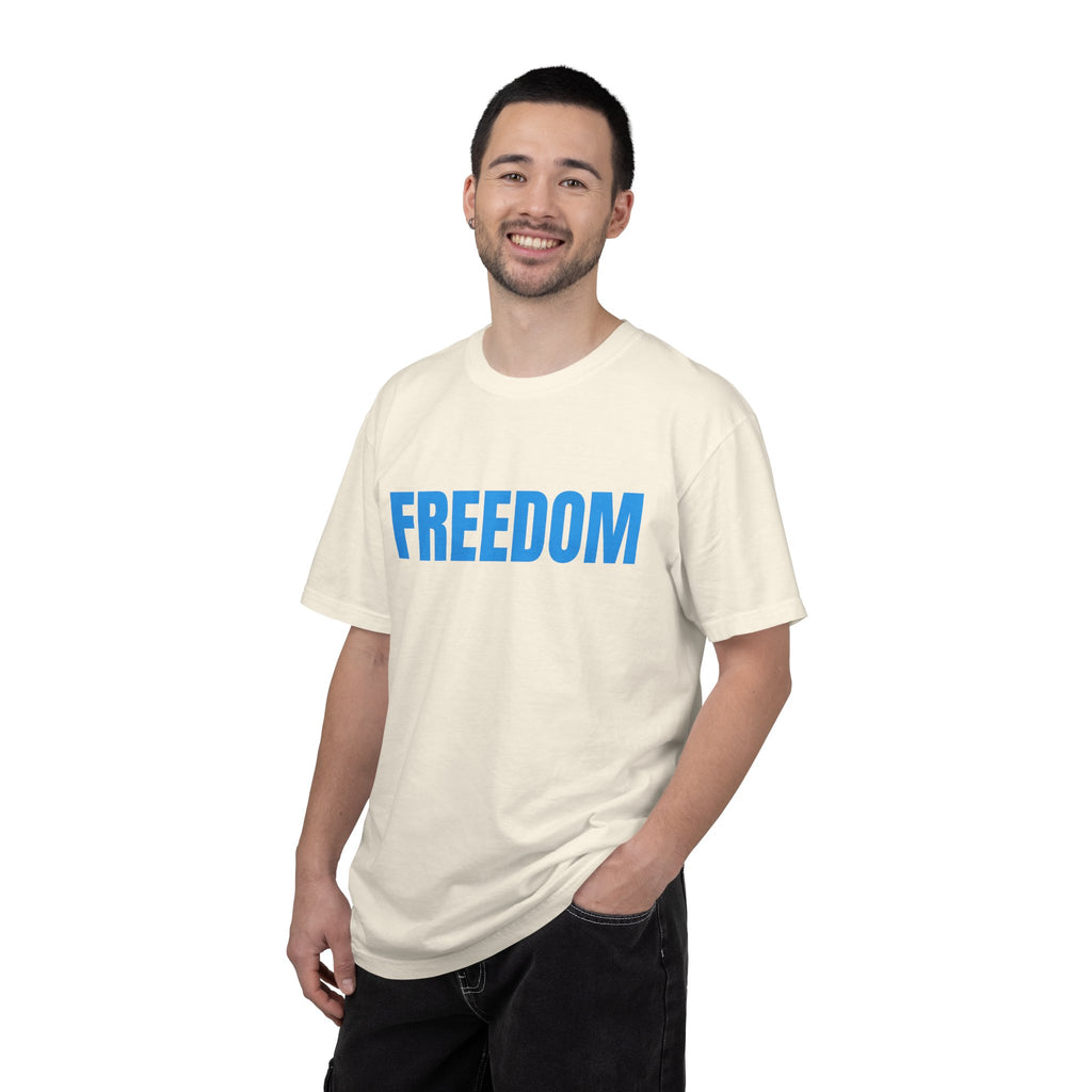 Freedom Graphic T-Shirt — Bold Blue Text Patriotic Tee