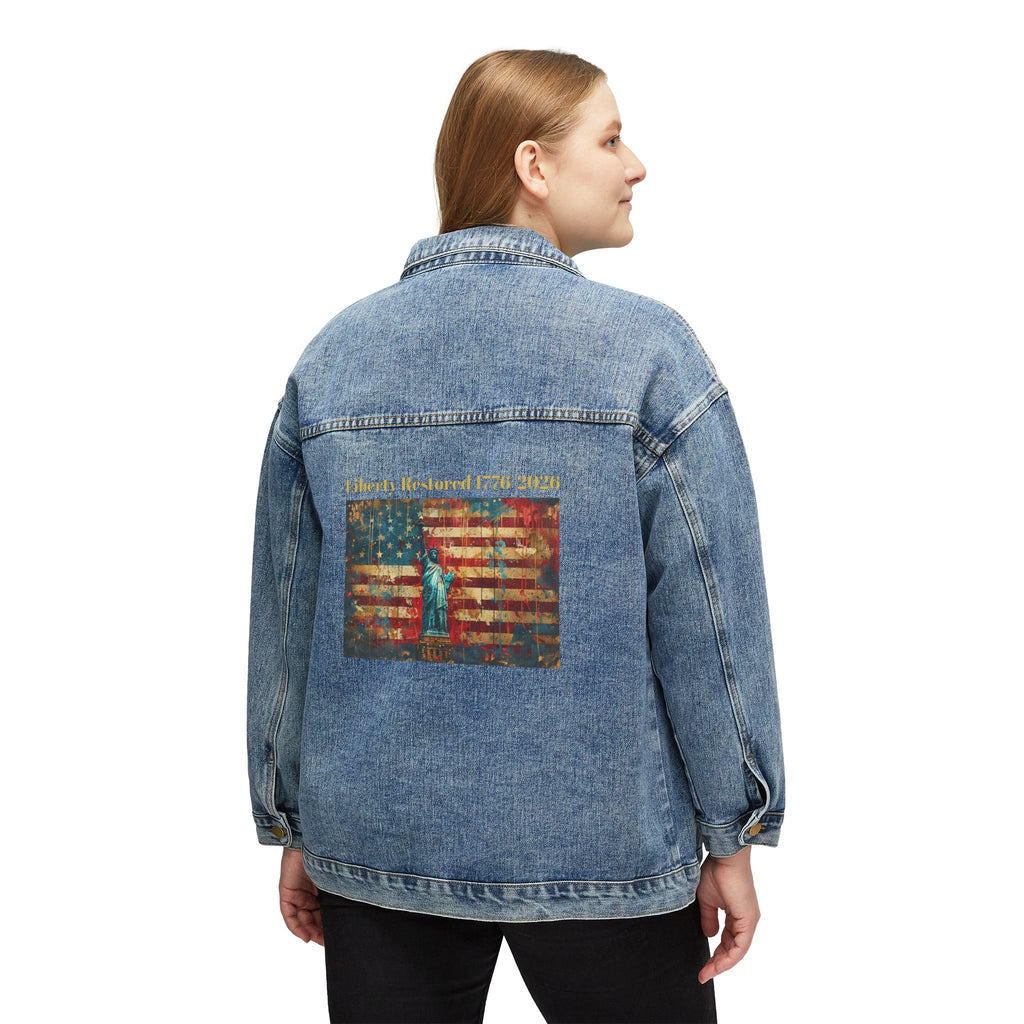 Women's Denim Jacket with Vintage American Flag & Statue of Liberty Back Print