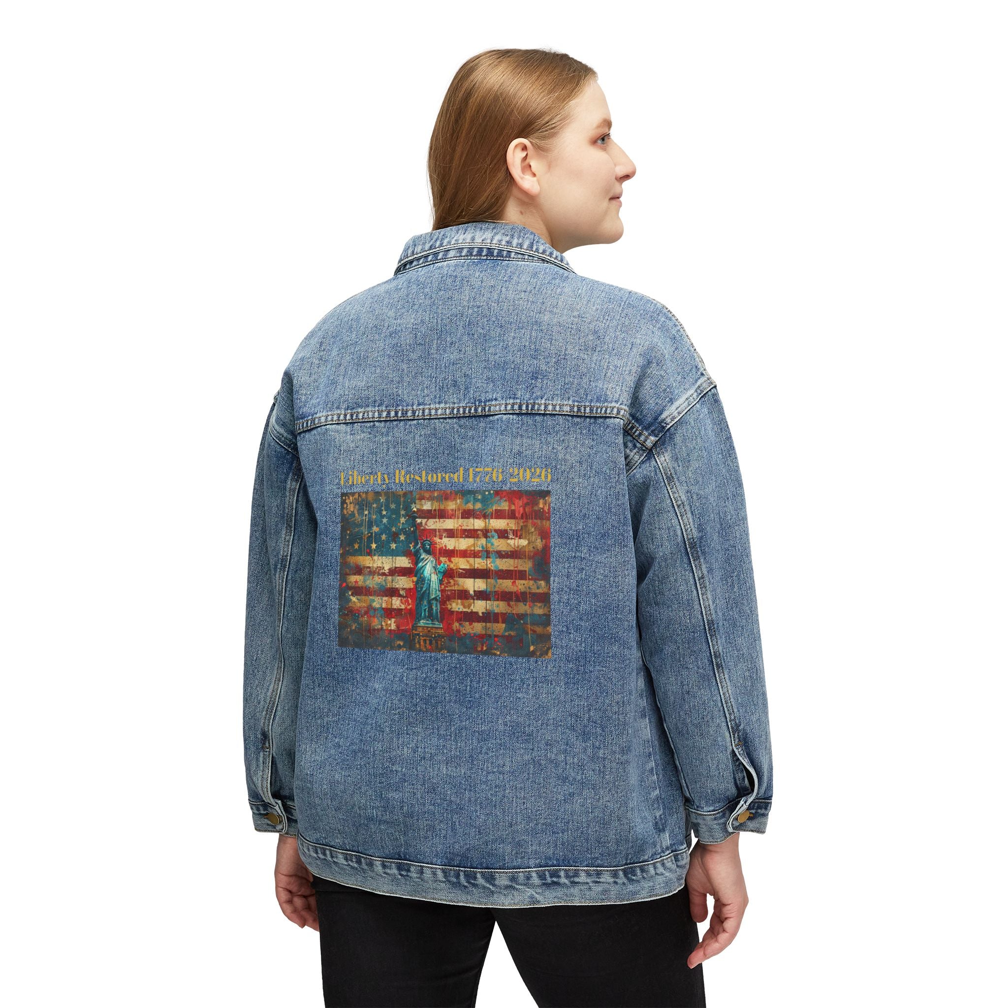 Women's Denim Jacket with Vintage American Flag & Statue of Liberty Back Print