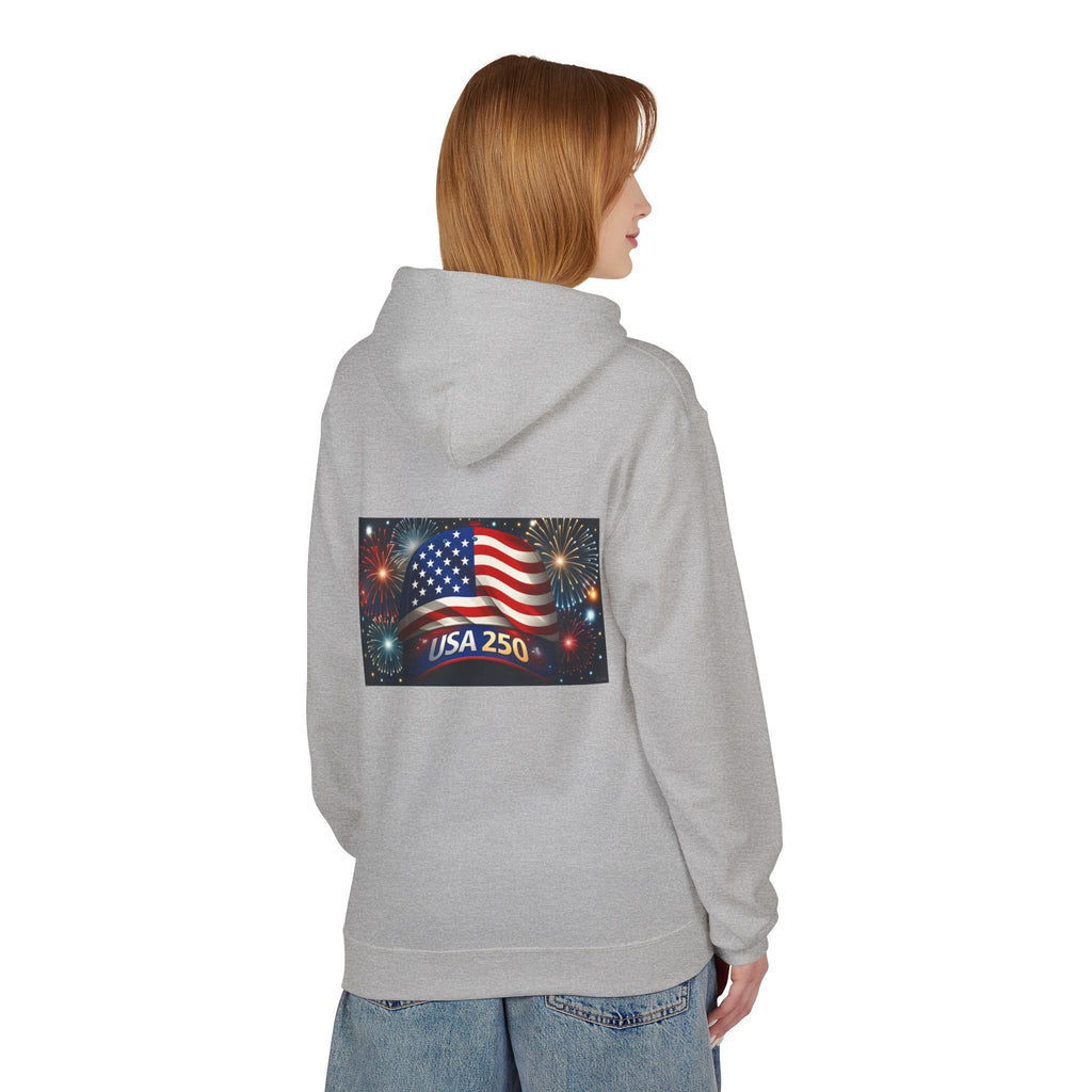 USA 250 Patriotic Hoodie with American Flag & Fireworks
