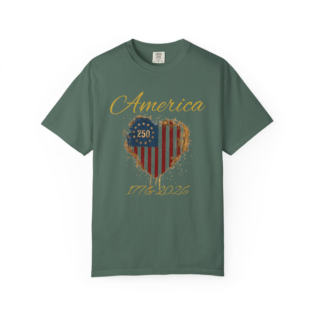 America 250 T-shirt | Patriotic Script, Red and Blue Text