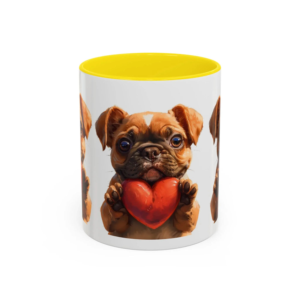 Cute French Bulldog Holding Red Heart Accent Coffee Mug | Puppy Cartoon Illustration - 250 USA Celebration