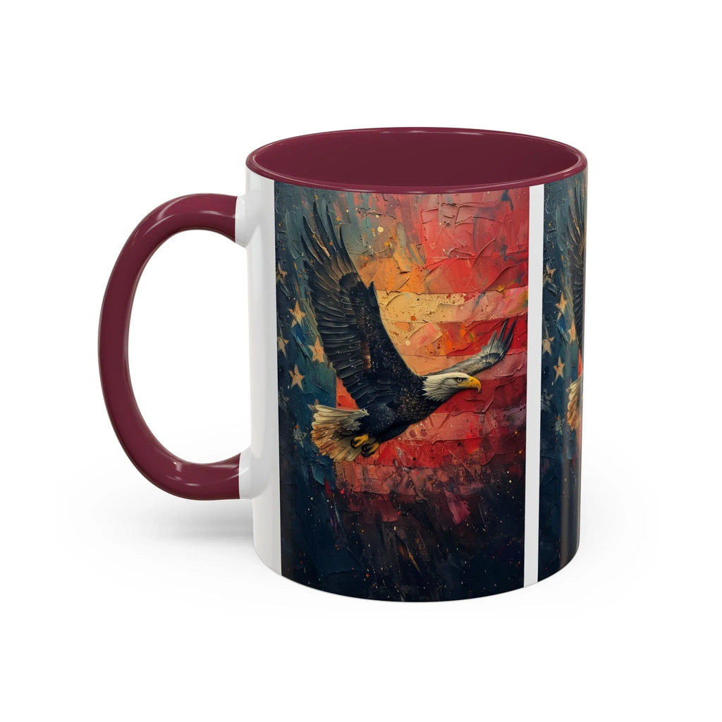 Colorful Mugs (11oz, 15oz) American Eagle Flying Coffee Cup, Patriotic American Eagle flying with American Flag in background - 250 USA Celebration