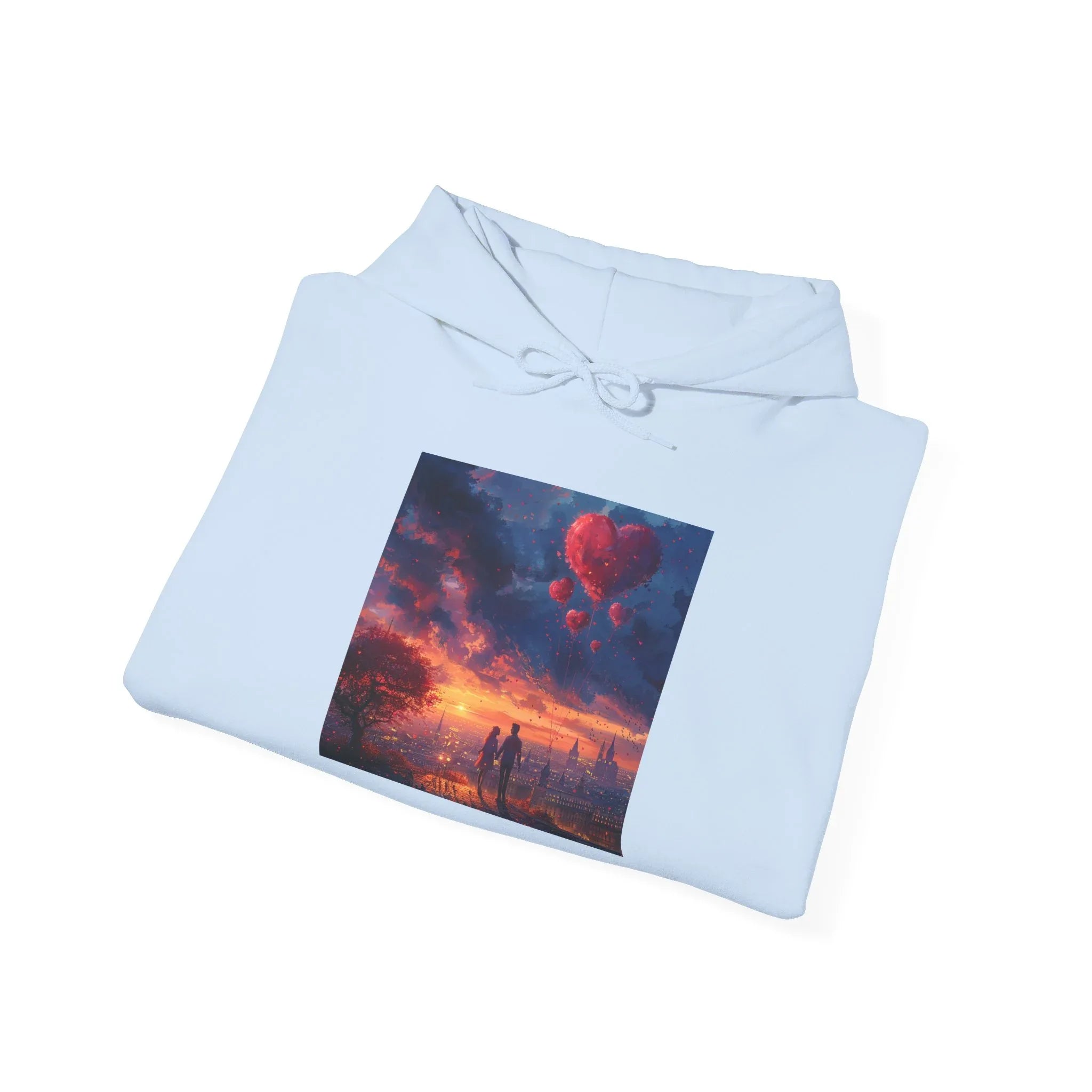 Romantic Sunset Hoodie with Hot Air Balloon, Unisex Sweatshirt for Valentines Day, Valentine's Day T-Shirts, Personalized Valentine's Gifts - 250 USA Celebration