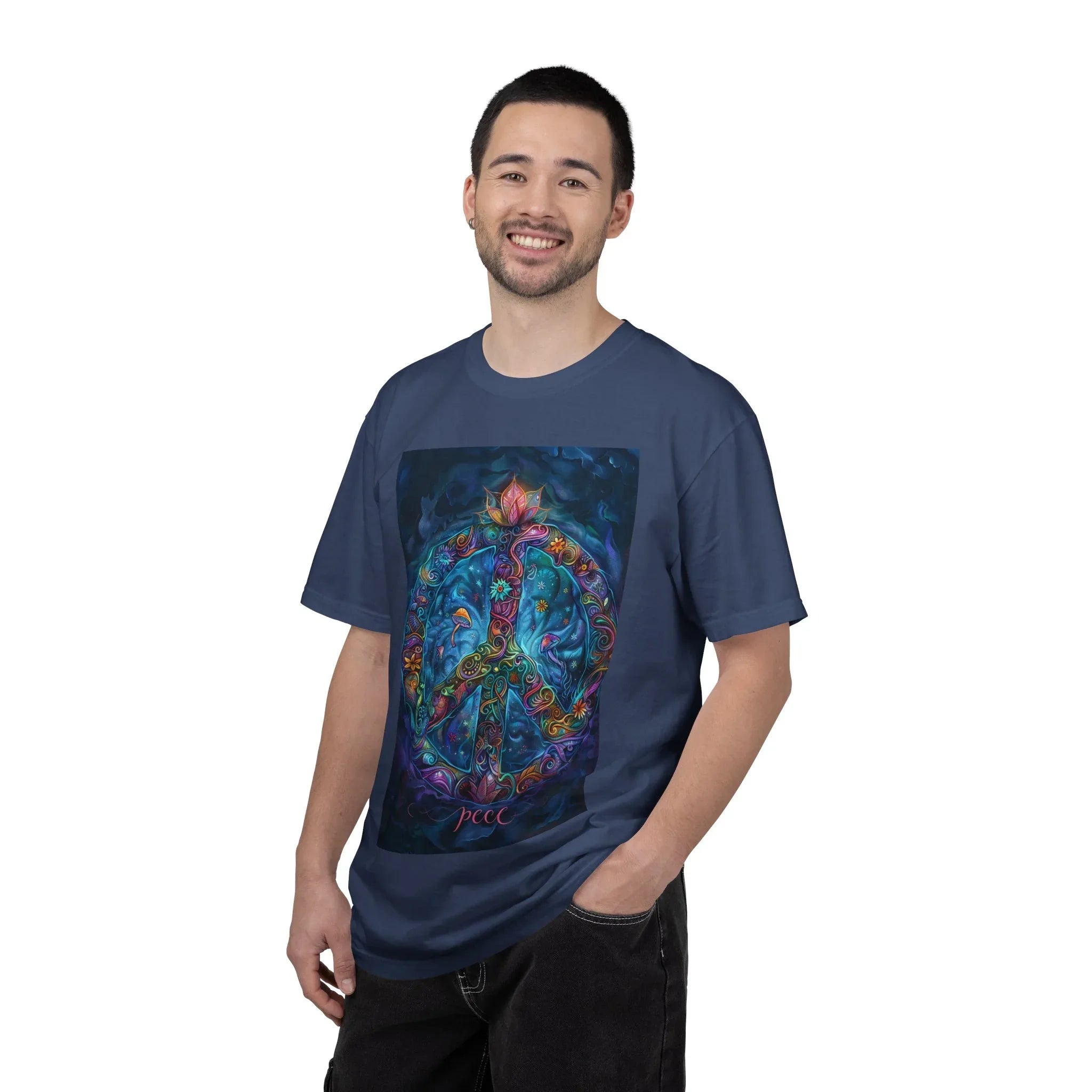 Floral Peace Sign T-shirt | Psychedelic Hippie Vibes, Blue Shirt - 250 USA Celebration