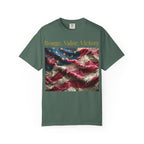 Patriotic T-Shirt — "Rouge, Valor, Victory" American Flag Graphic, "America First" Back Text