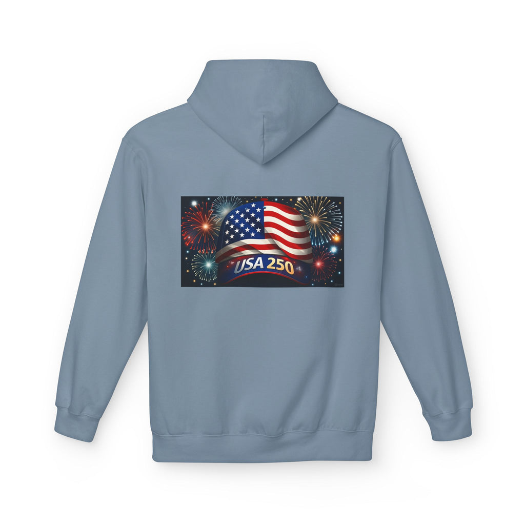 USA 250 Patriotic Hoodie with American Flag & Fireworks