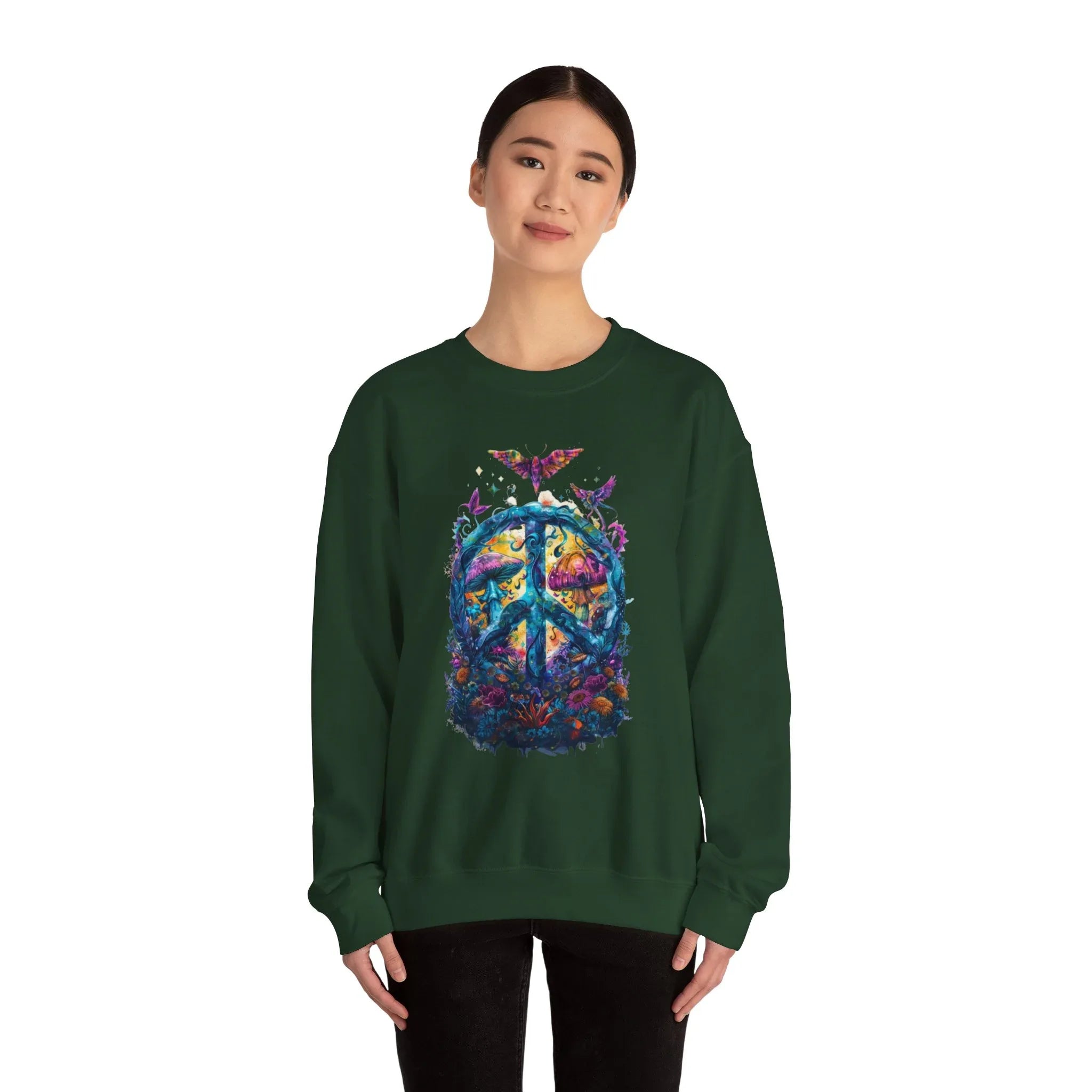 Psychedelic Mushroom Peace Sign Crewneck Sweatshirt | 60s Hippie Tie-Dye - 250 USA Celebration