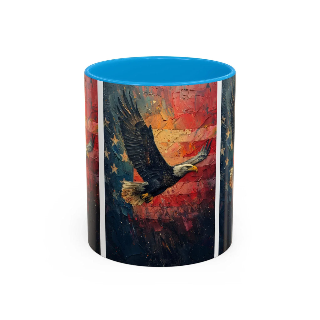 Colorful Mugs (11oz, 15oz) American Eagle Flying Coffee Cup, Patriotic American Eagle flying with American Flag in background - 250 USA Celebration