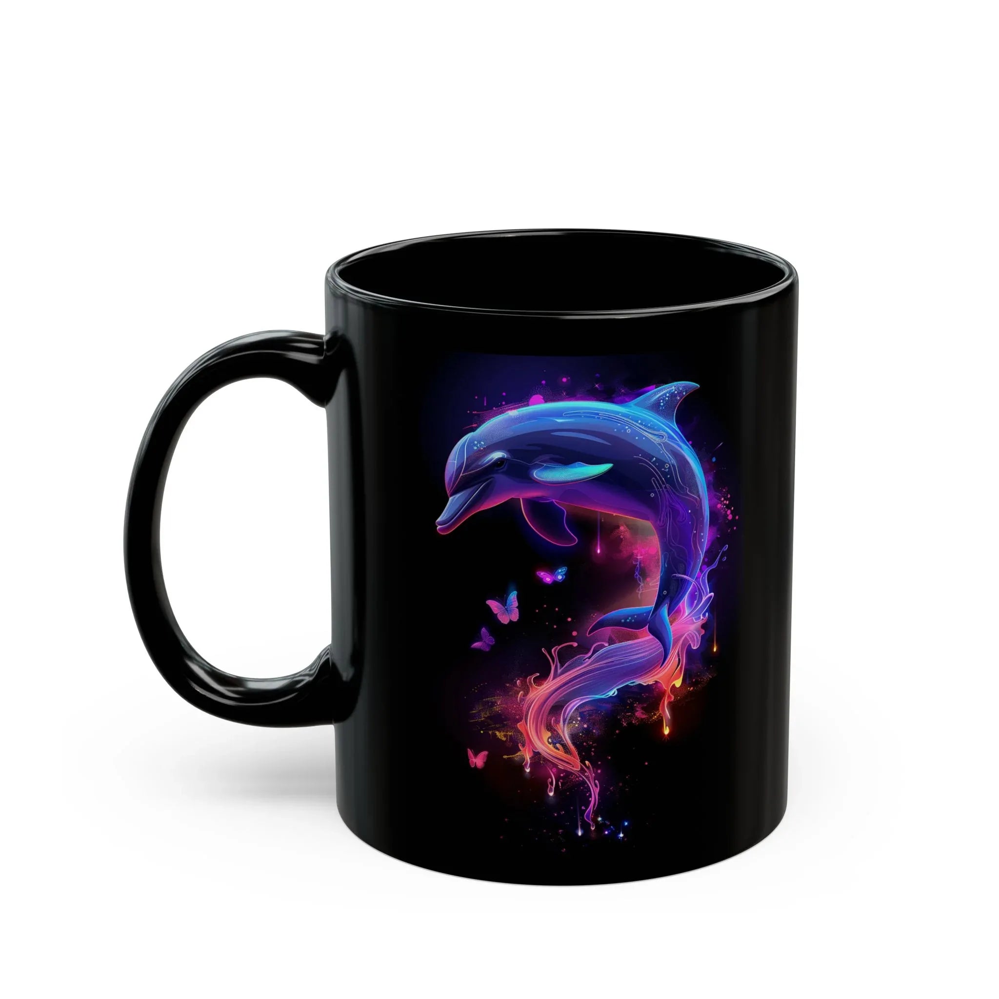 Black Mug, Chrome Dolphin Design, Y2K Revival, Gen Z Mug, Lisa Frank Stickers, Beachcore Mug - 250 USA Celebration