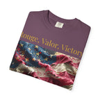 Patriotic T-Shirt — "Rouge, Valor, Victory" American Flag Graphic, "America First" Back Text