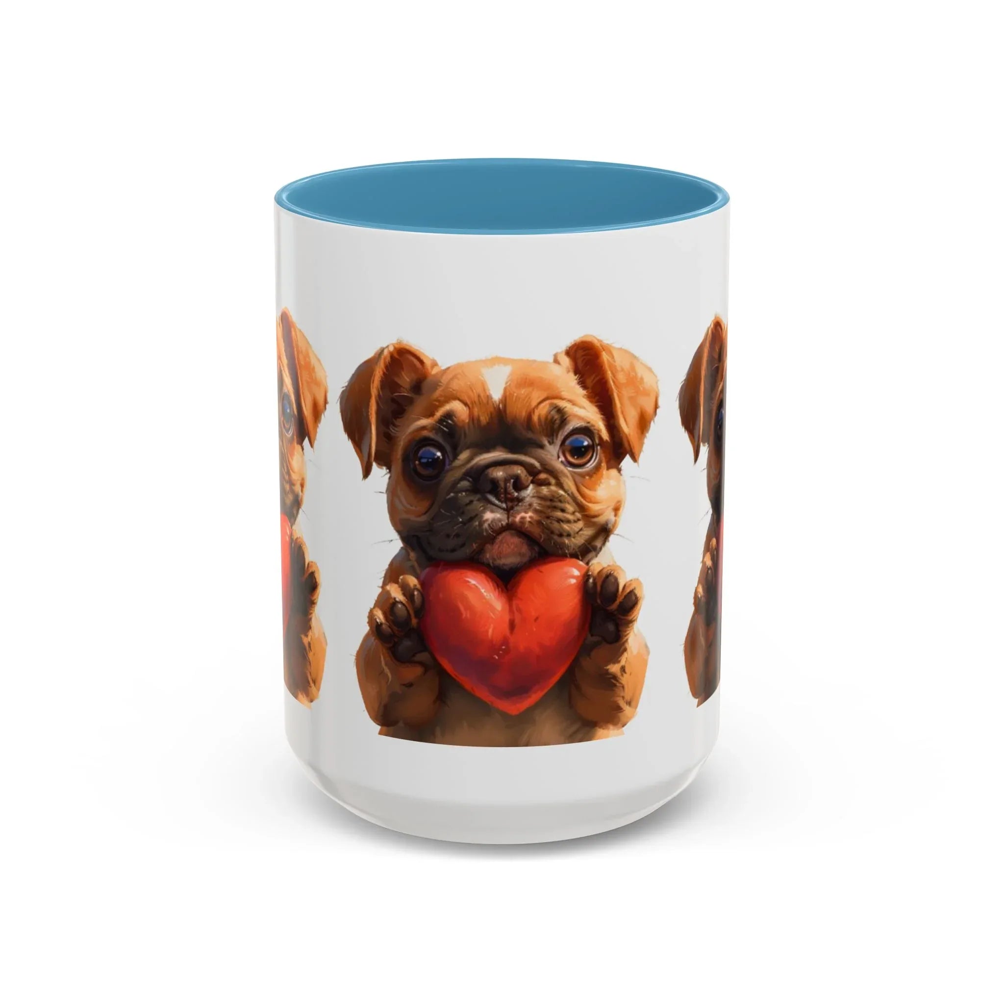 Cute French Bulldog Holding Red Heart Accent Coffee Mug | Puppy Cartoon Illustration - 250 USA Celebration