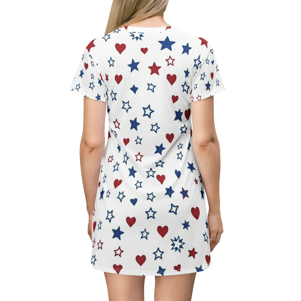 Patriotic Stars And Hearts American Flag T-Shirt Dress