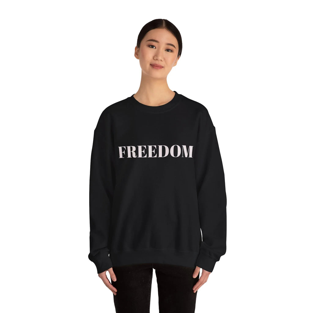 FREEDOM text Crewneck Sweatshirt | Bold Lettering, Minimalist Black Pullover - 250 USA Celebration
