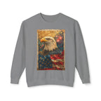 Triumphant Bald Eagle clutching American Flag Sweatshirt | Patriotic Fireworks Outline - 250 USA Celebration