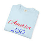 America 250 T-shirt | Patriotic Script, Red and Blue Text
