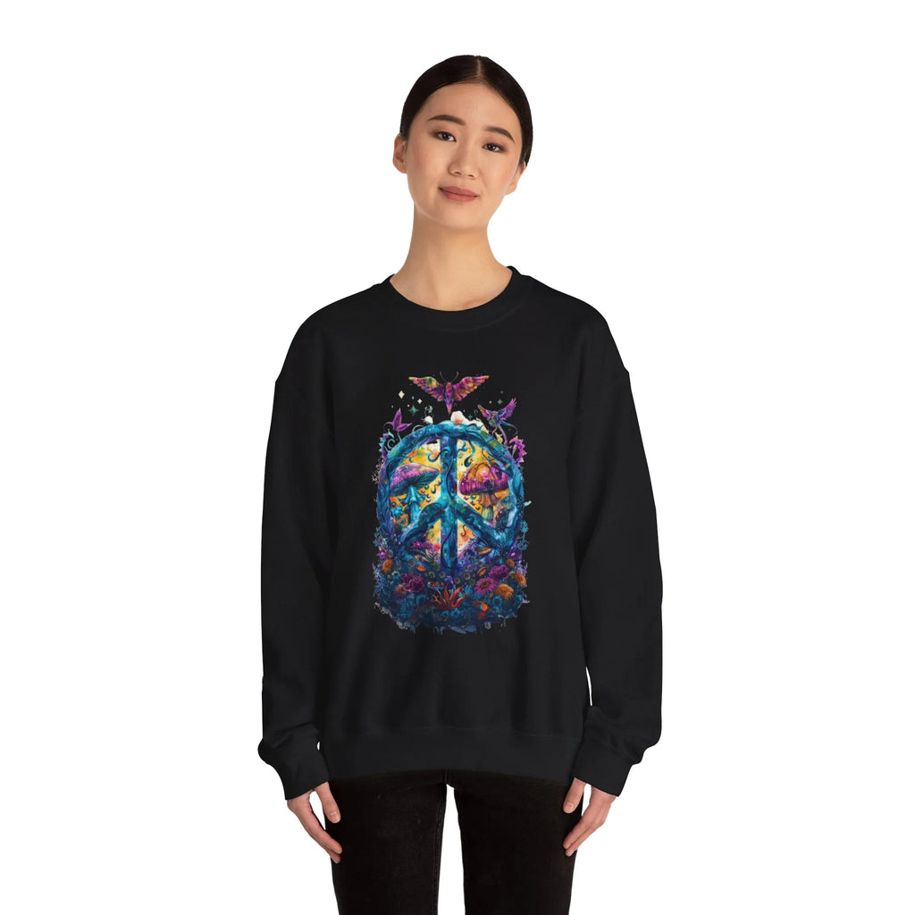 Psychedelic Mushroom Peace Sign Crewneck Sweatshirt | 60s Hippie Tie-Dye - 250 USA Celebration