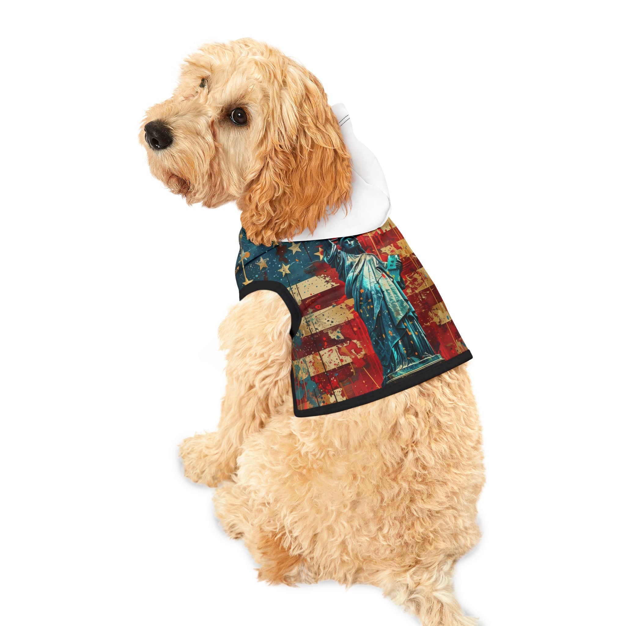 Patriotic Pet Hoodie – Vintage American Flag & Statue of Liberty Dog Hoodie