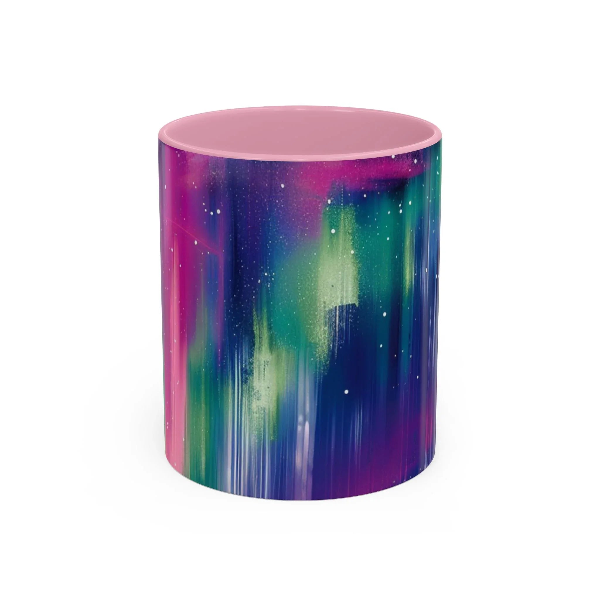 Colorful Mugs (11oz, 15oz), aurora borealis coffee cup design, northern lights starry silhouettes coffee cup - 250 USA Celebration