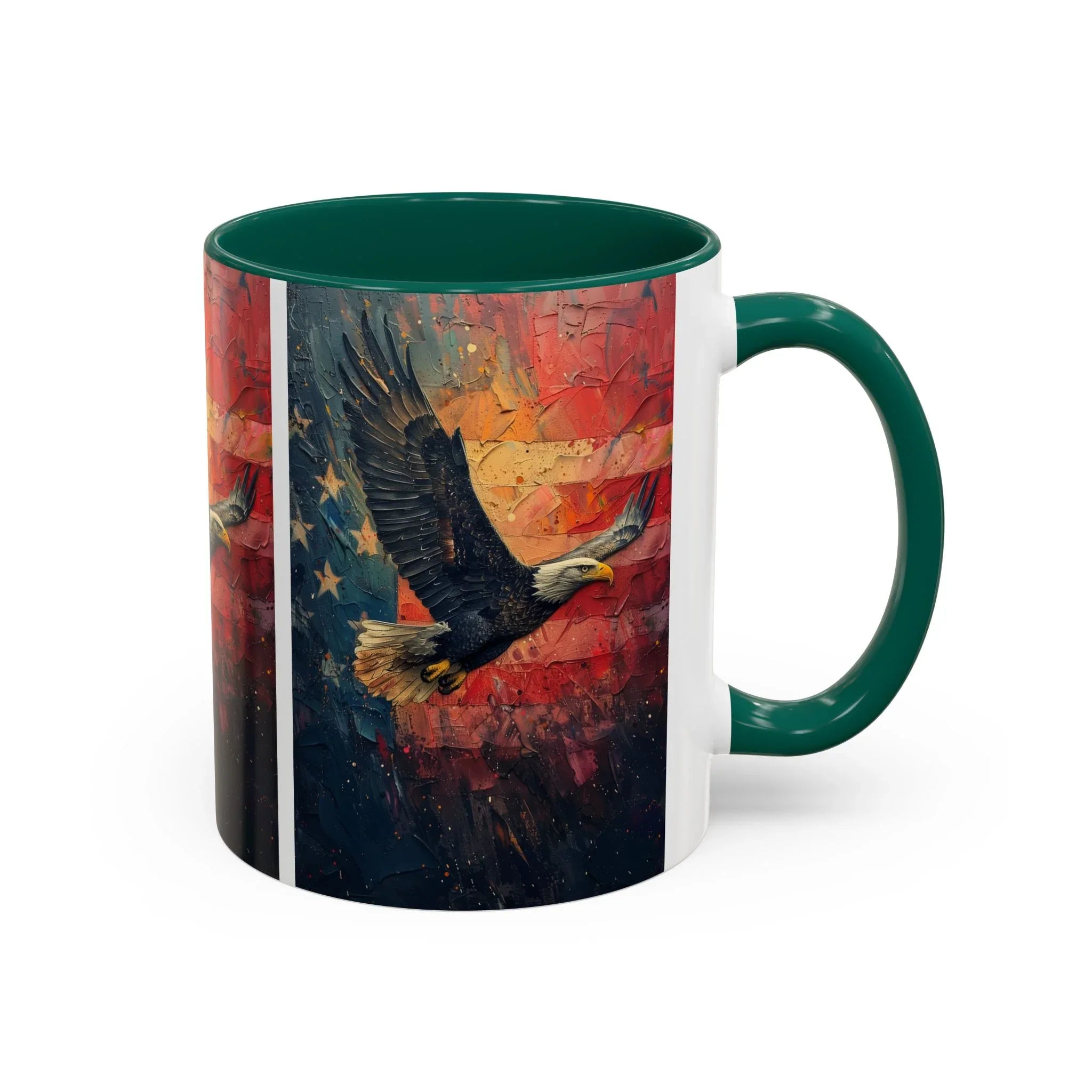 Colorful Mugs (11oz, 15oz) American Eagle Flying Coffee Cup, Patriotic American Eagle flying with American Flag in background - 250 USA Celebration