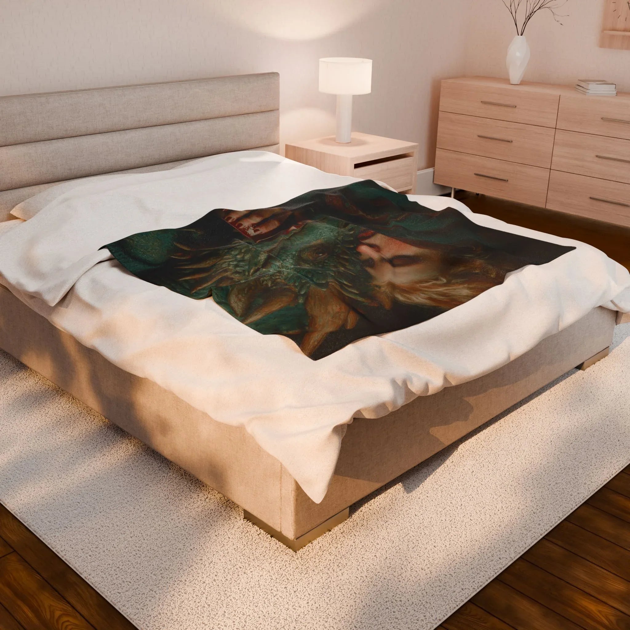 Woman Cuddling Dragon Velveteen Blanket | Fantasy Art Plush Throw - 250 USA Celebration
