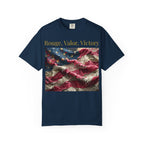 Patriotic T-Shirt — "Rouge, Valor, Victory" American Flag Graphic, "America First" Back Text