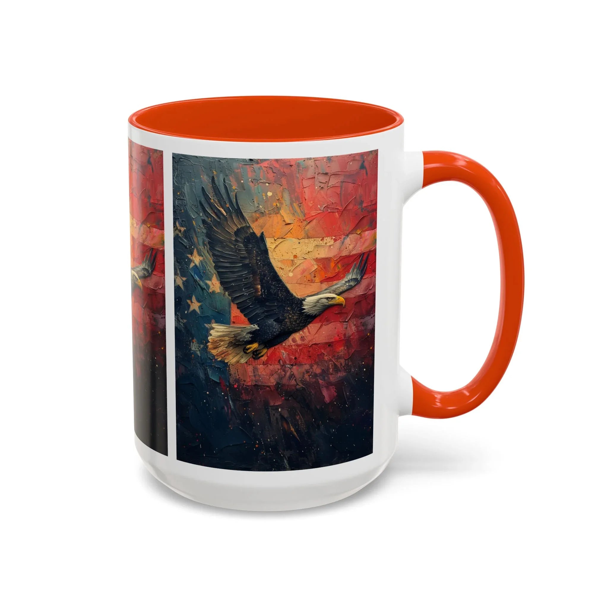 Colorful Mugs (11oz, 15oz) American Eagle Flying Coffee Cup, Patriotic American Eagle flying with American Flag in background - 250 USA Celebration