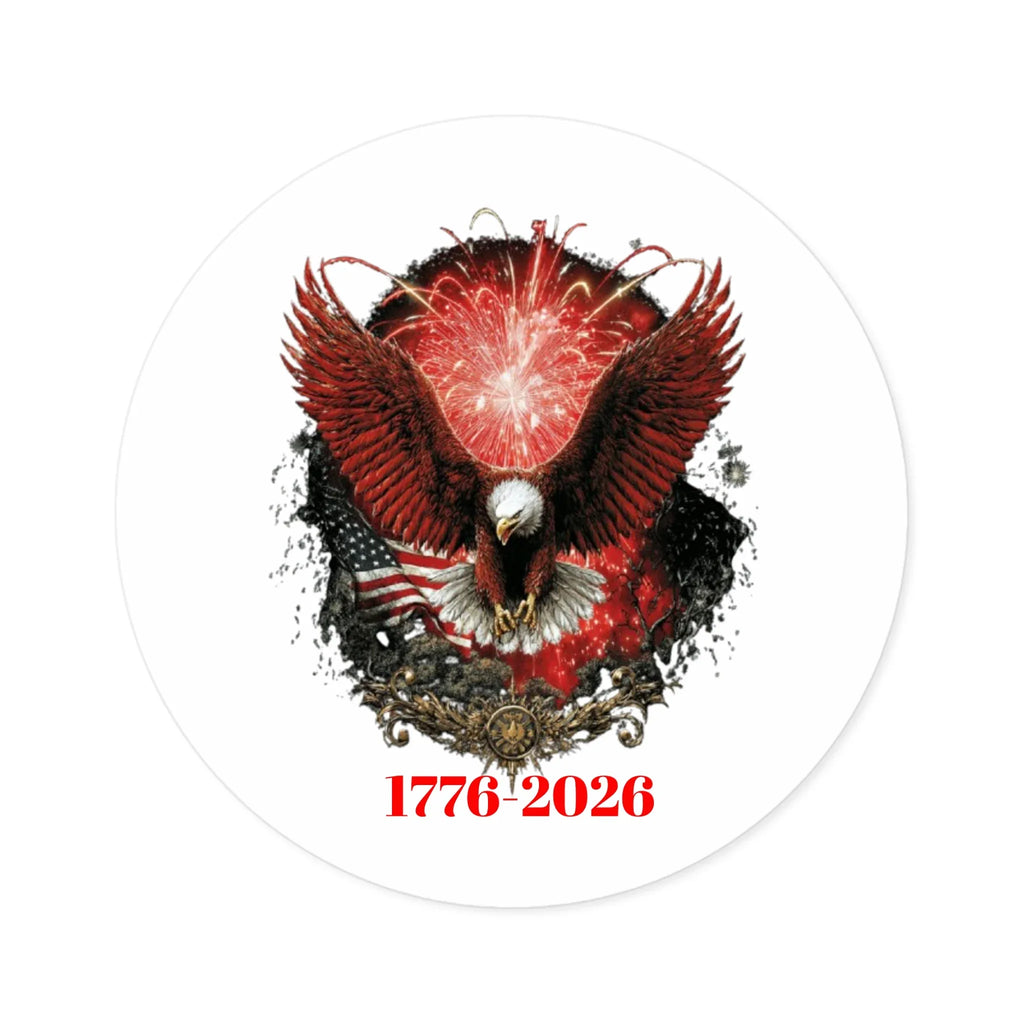 1776-2026 Eagle with Fireworks round sticker | Patriotic Sticker - 250 USA Celebration