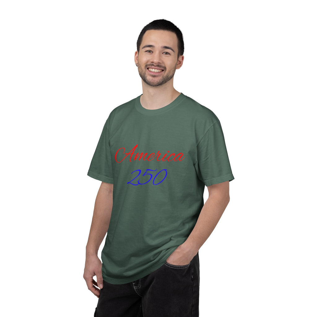America 250 T-shirt | Patriotic Script, Red and Blue Text