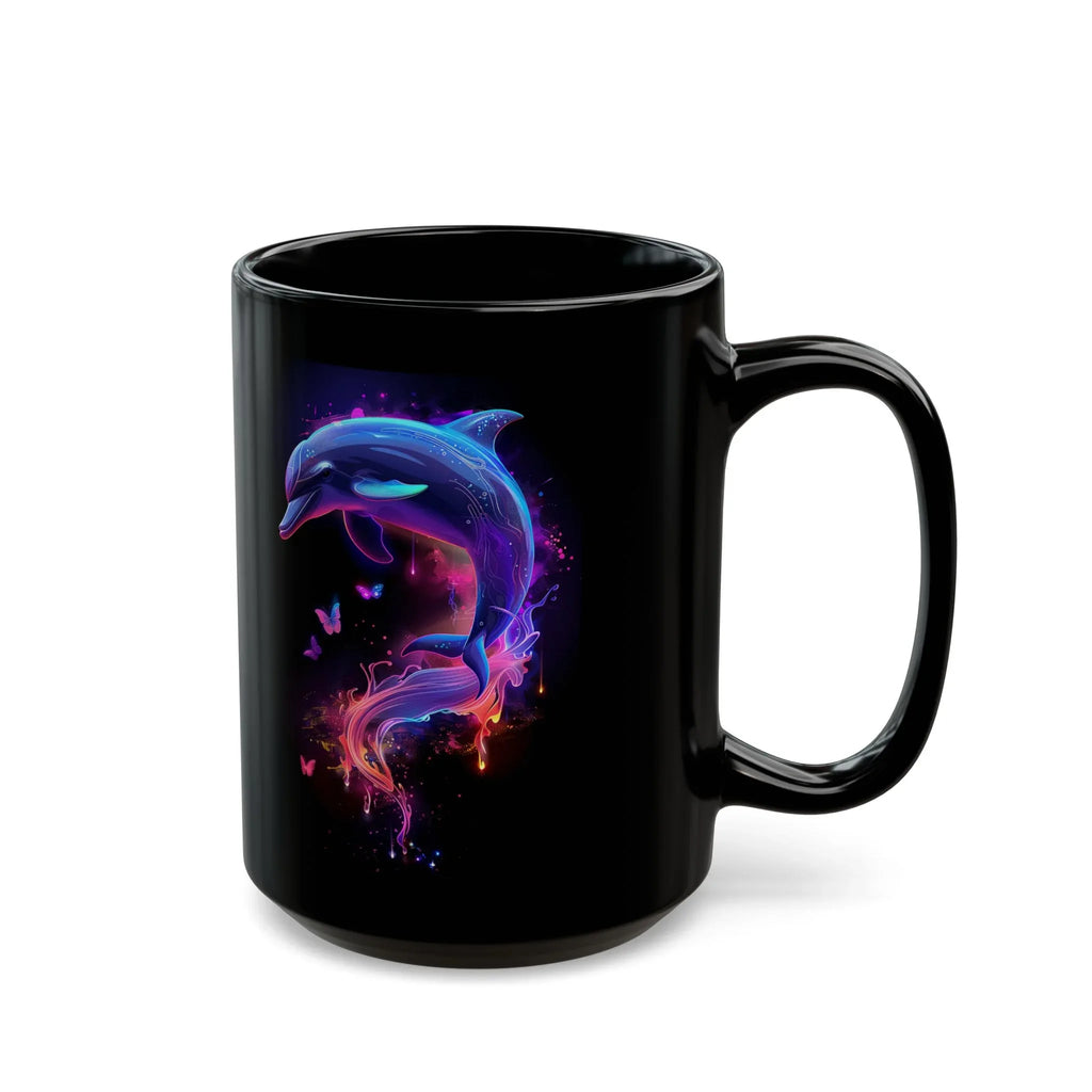 Black Mug, Chrome Dolphin Design, Y2K Revival, Gen Z Mug, Lisa Frank Stickers, Beachcore Mug - 250 USA Celebration