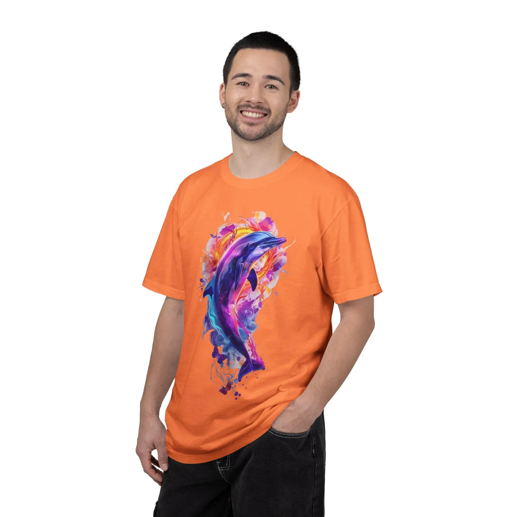 Colorful Watercolor Dolphin T-shirt | Vibrant Ocean Dolphin Tee Chrome Y2K Fantasy Dolphins & Butterflies T-Shirt | Airbrushed Liquid Metal - 250 USA Celebration