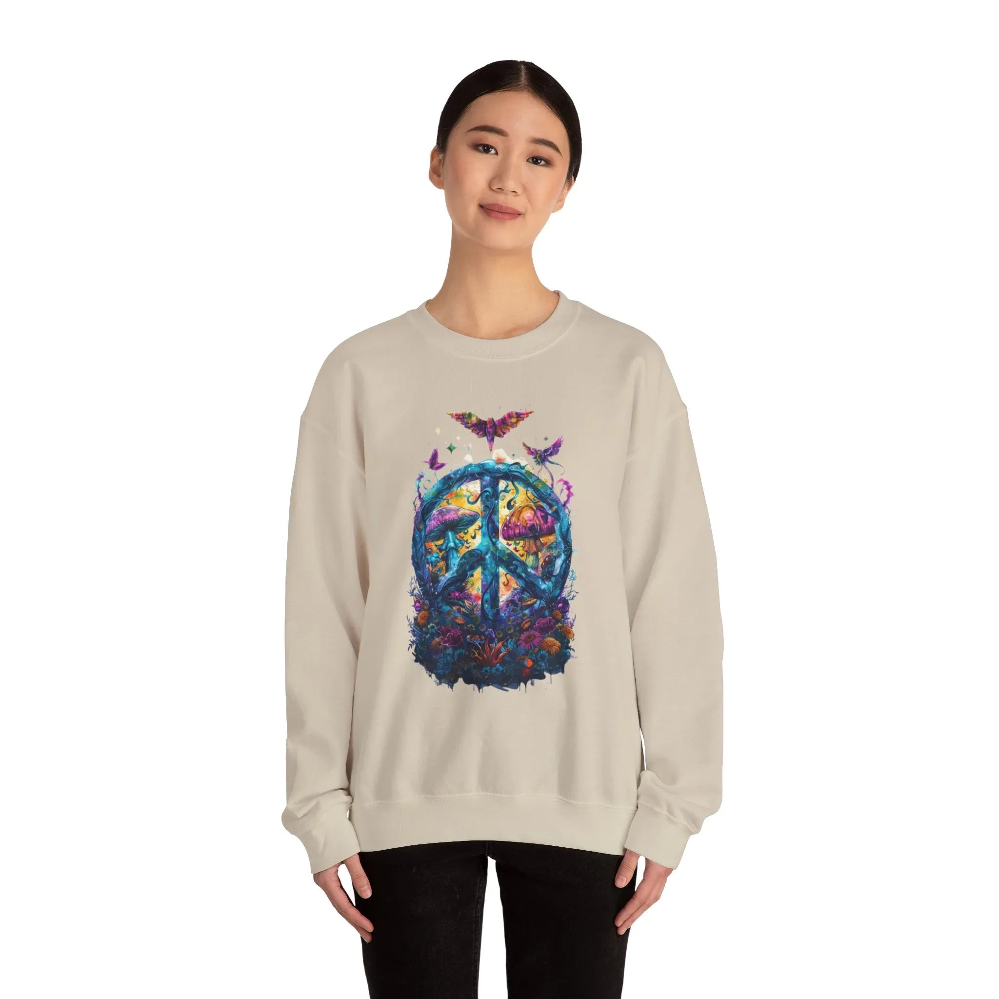 Psychedelic Mushroom Peace Sign Crewneck Sweatshirt | 60s Hippie Tie-Dye - 250 USA Celebration