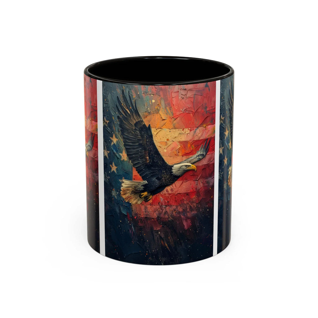Colorful Mugs (11oz, 15oz) American Eagle Flying Coffee Cup, Patriotic American Eagle flying with American Flag in background - 250 USA Celebration
