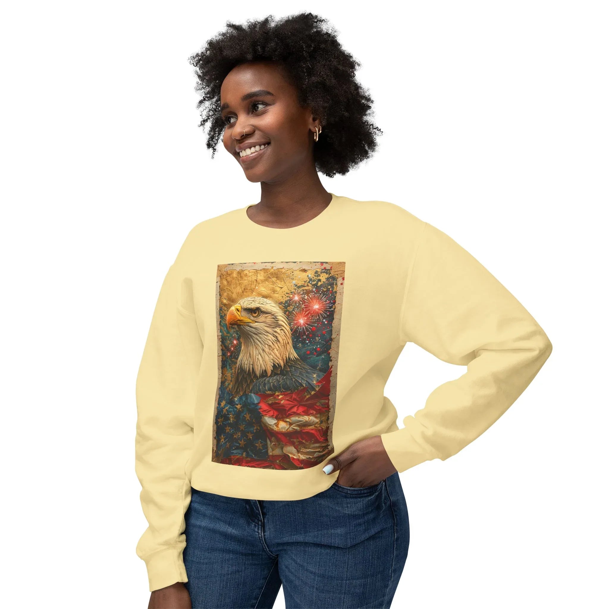 Triumphant Bald Eagle clutching American Flag Sweatshirt | Patriotic Fireworks Outline - 250 USA Celebration