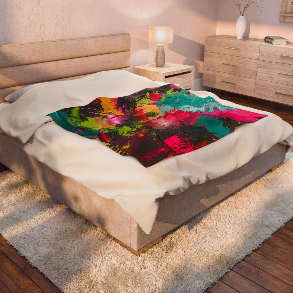 Abstract Neon Brushstroke Velveteen Plush Blanket — Vibrant Colorful Throw for Home, Dorm & Gifts