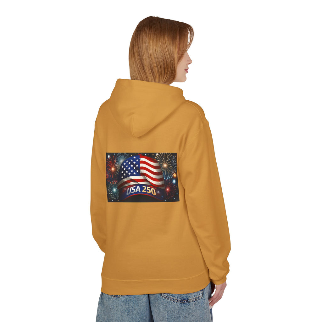 USA 250 Patriotic Hoodie with American Flag & Fireworks