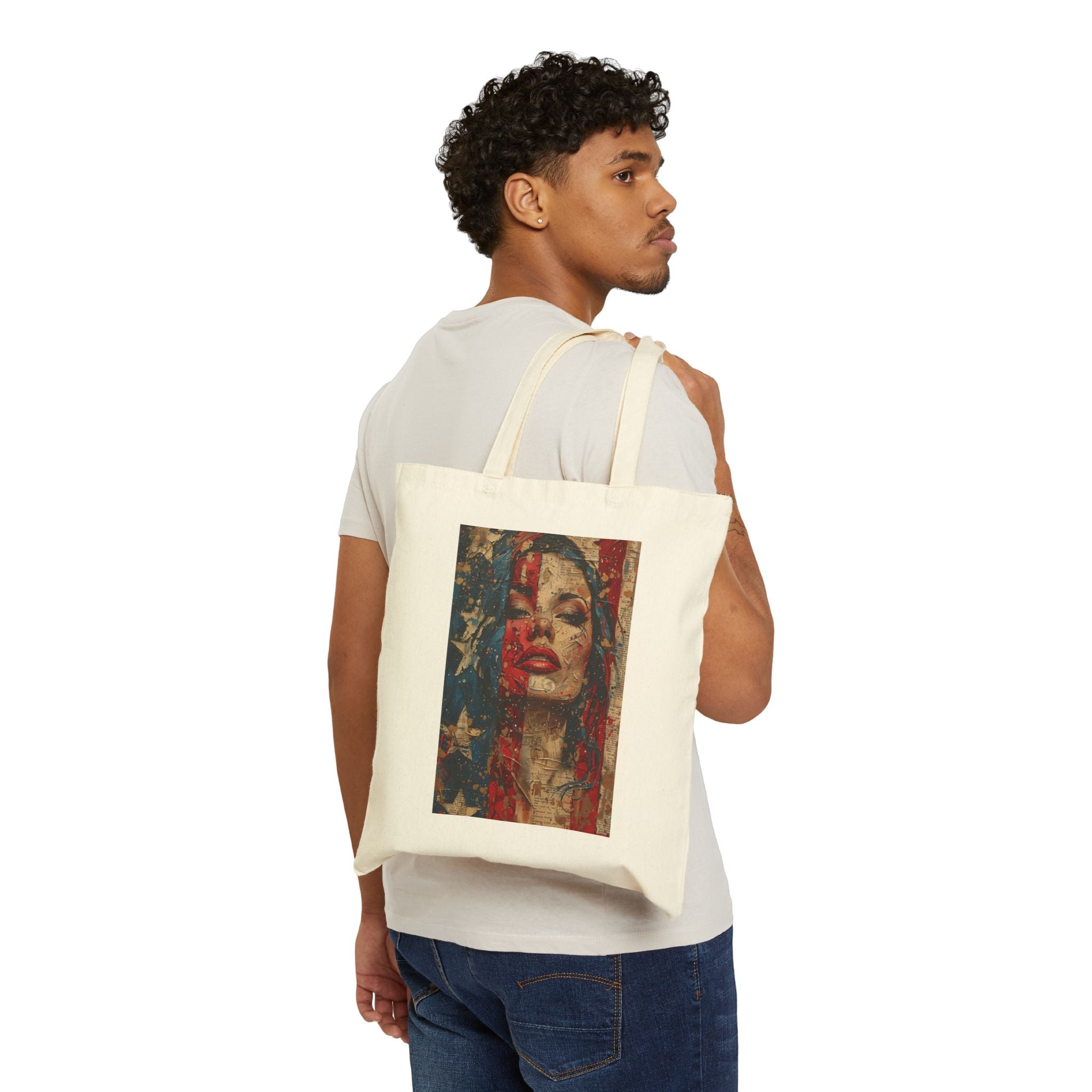 Canvas Tote Bag — Vintage American Flag Portrait / Cosmic Nebula Art