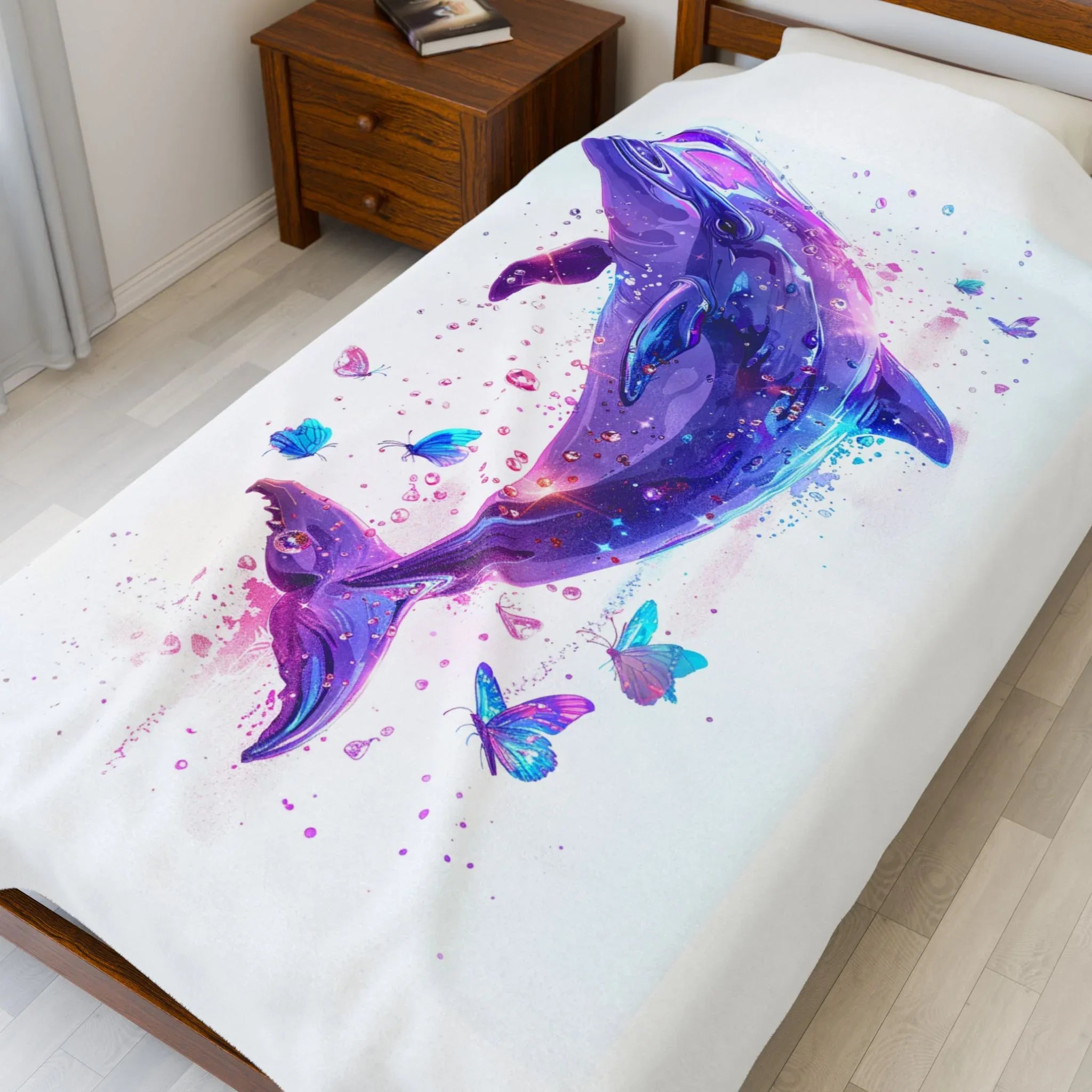 Galaxy Dolphin Velveteen Plush Blanket | Purple Whale Butterfly Splash - 250 USA Celebration
