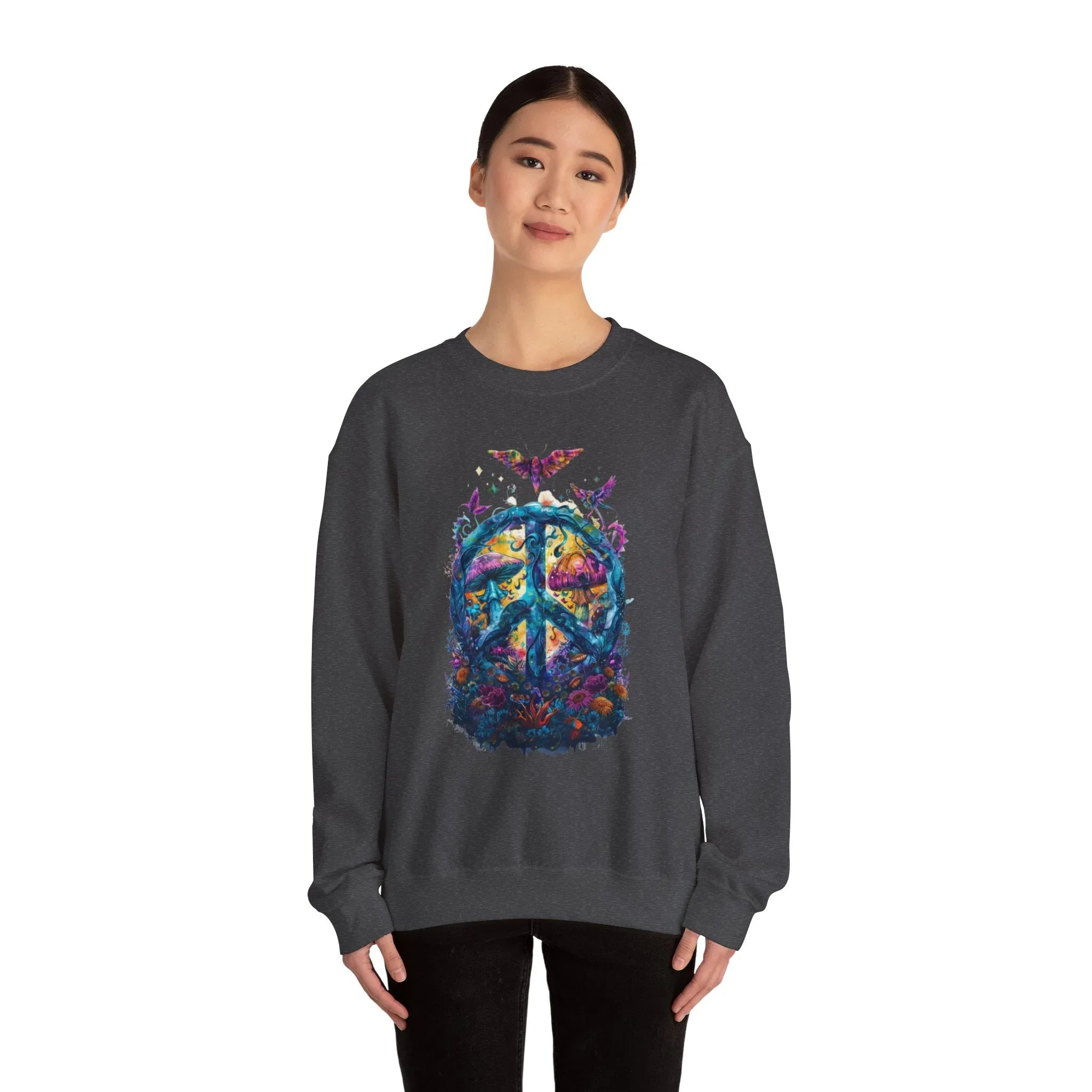 Psychedelic Mushroom Peace Sign Crewneck Sweatshirt | 60s Hippie Tie-Dye - 250 USA Celebration