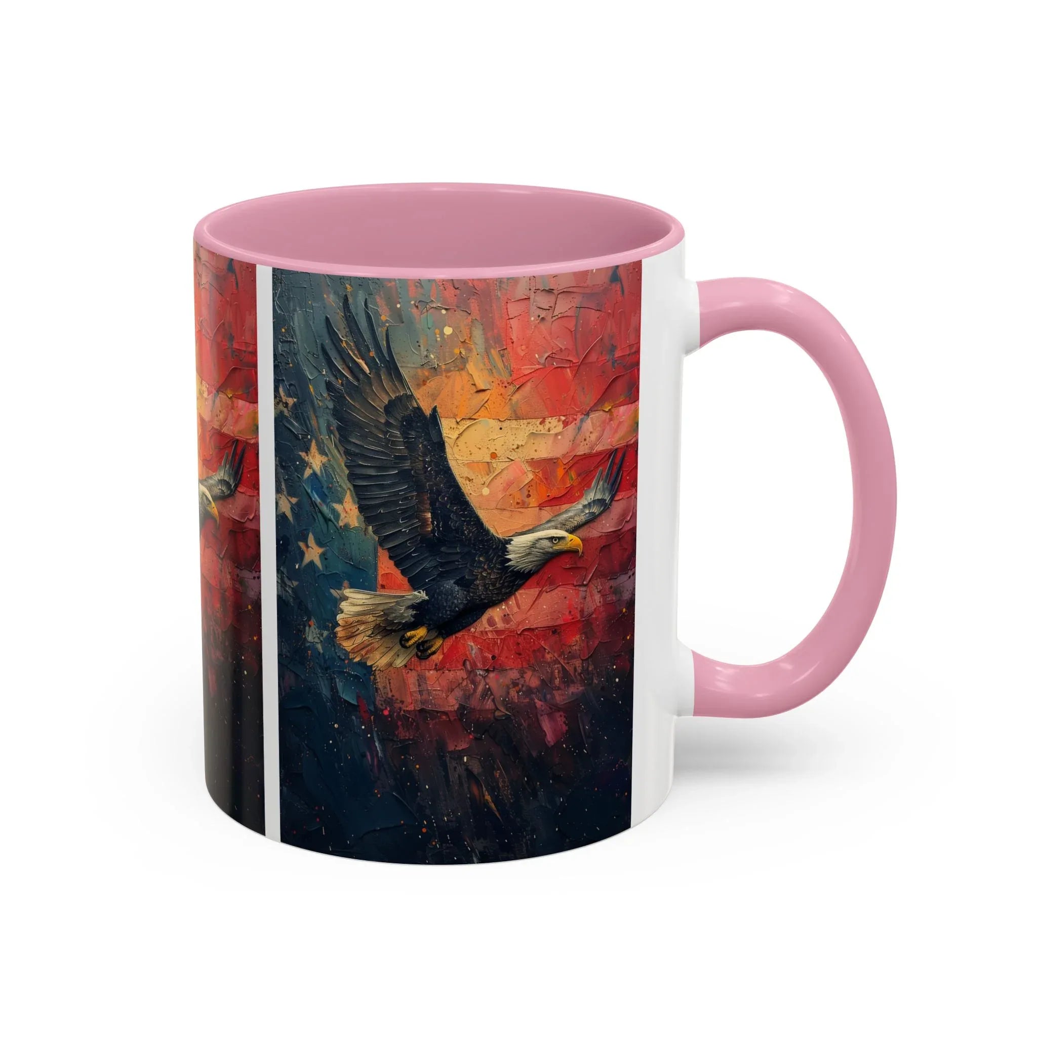 Colorful Mugs (11oz, 15oz) American Eagle Flying Coffee Cup, Patriotic American Eagle flying with American Flag in background - 250 USA Celebration