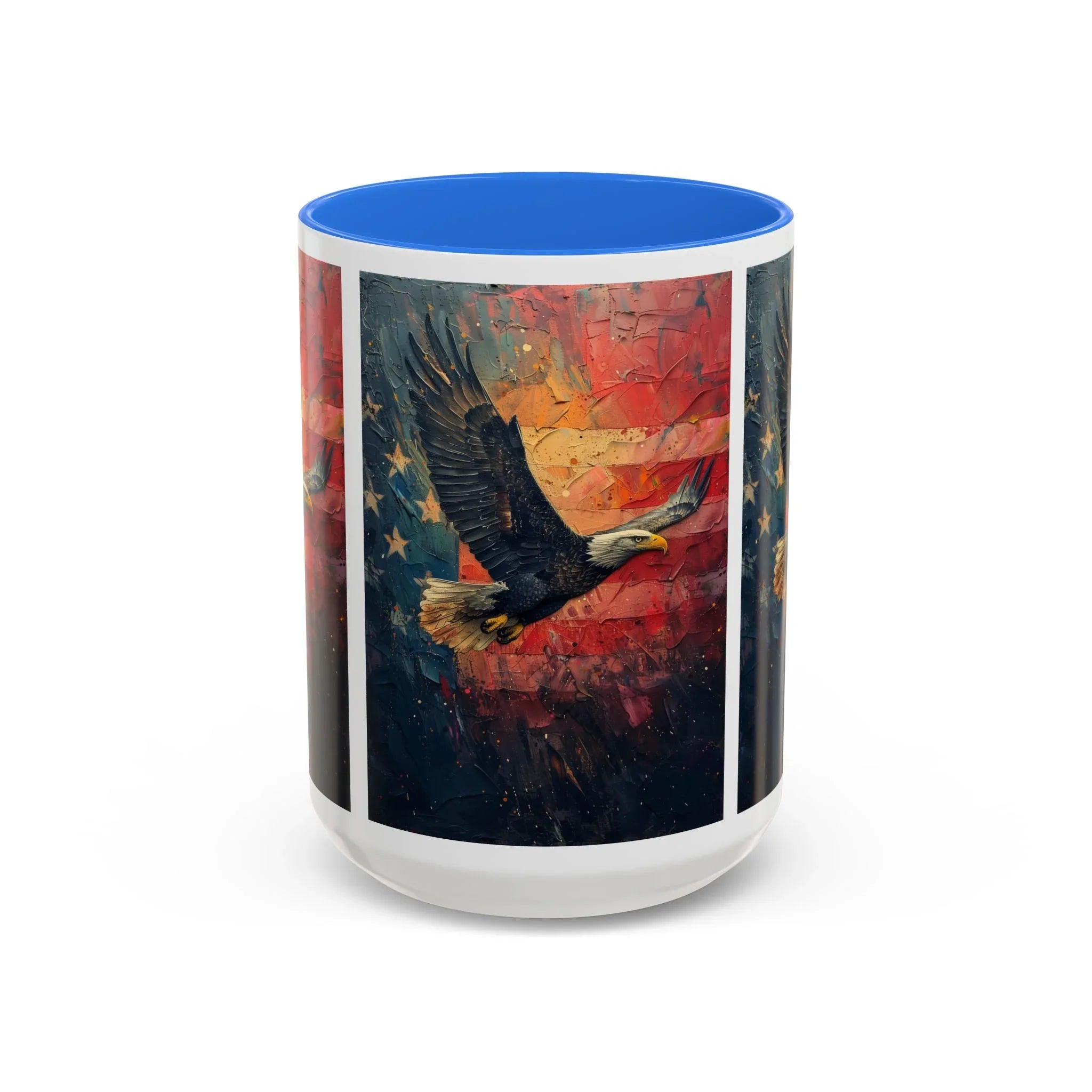 Colorful Mugs (11oz, 15oz) American Eagle Flying Coffee Cup, Patriotic American Eagle flying with American Flag in background - 250 USA Celebration