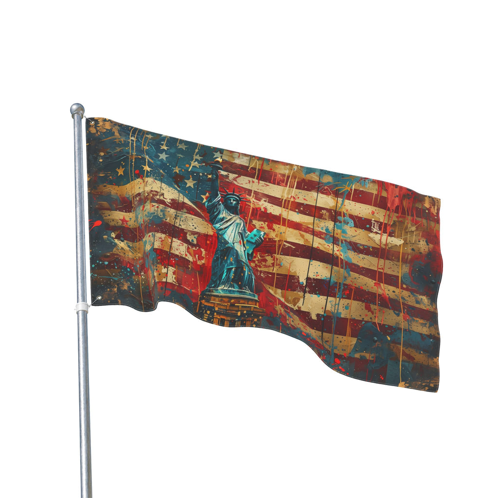 Double-Sided American Flag with Statue of Liberty