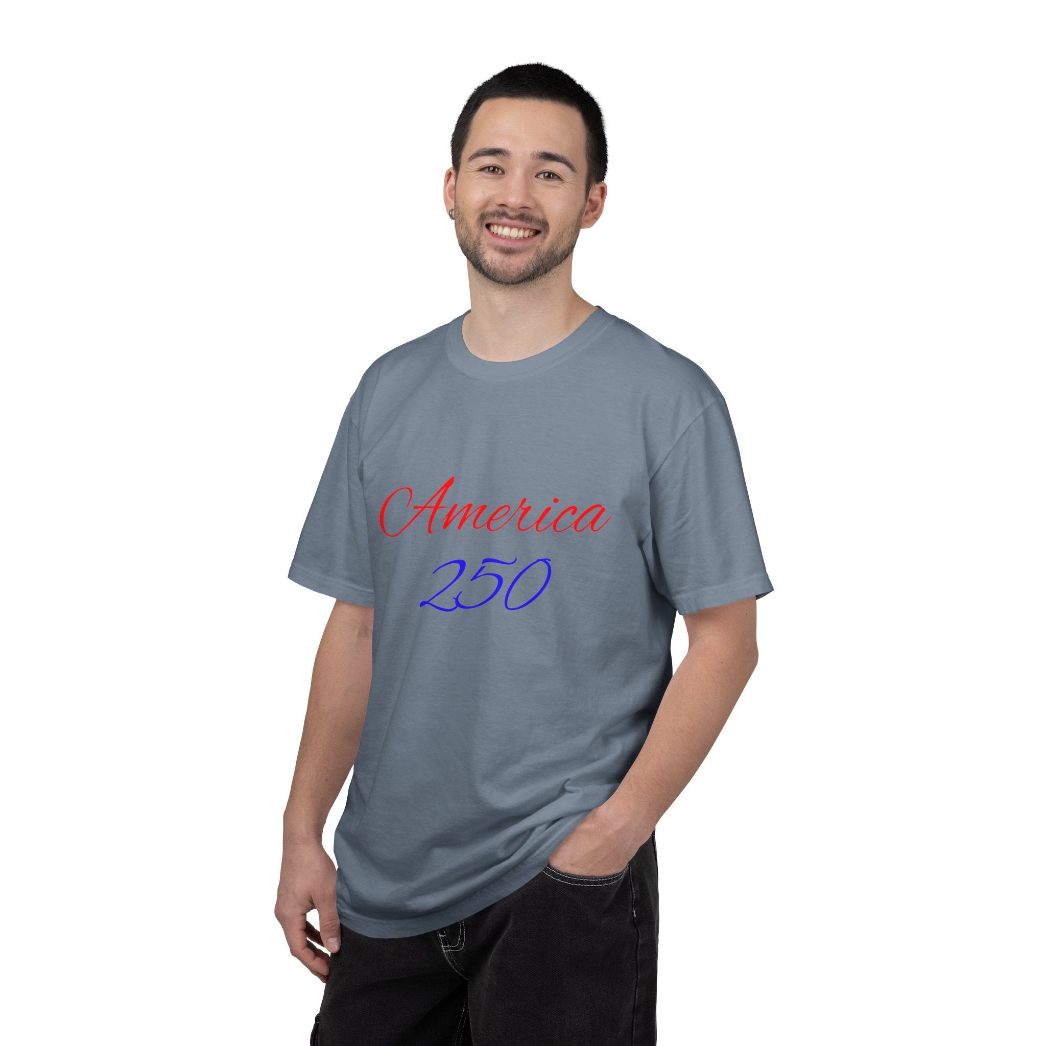 America 250 T-shirt | Patriotic Script, Red and Blue Text