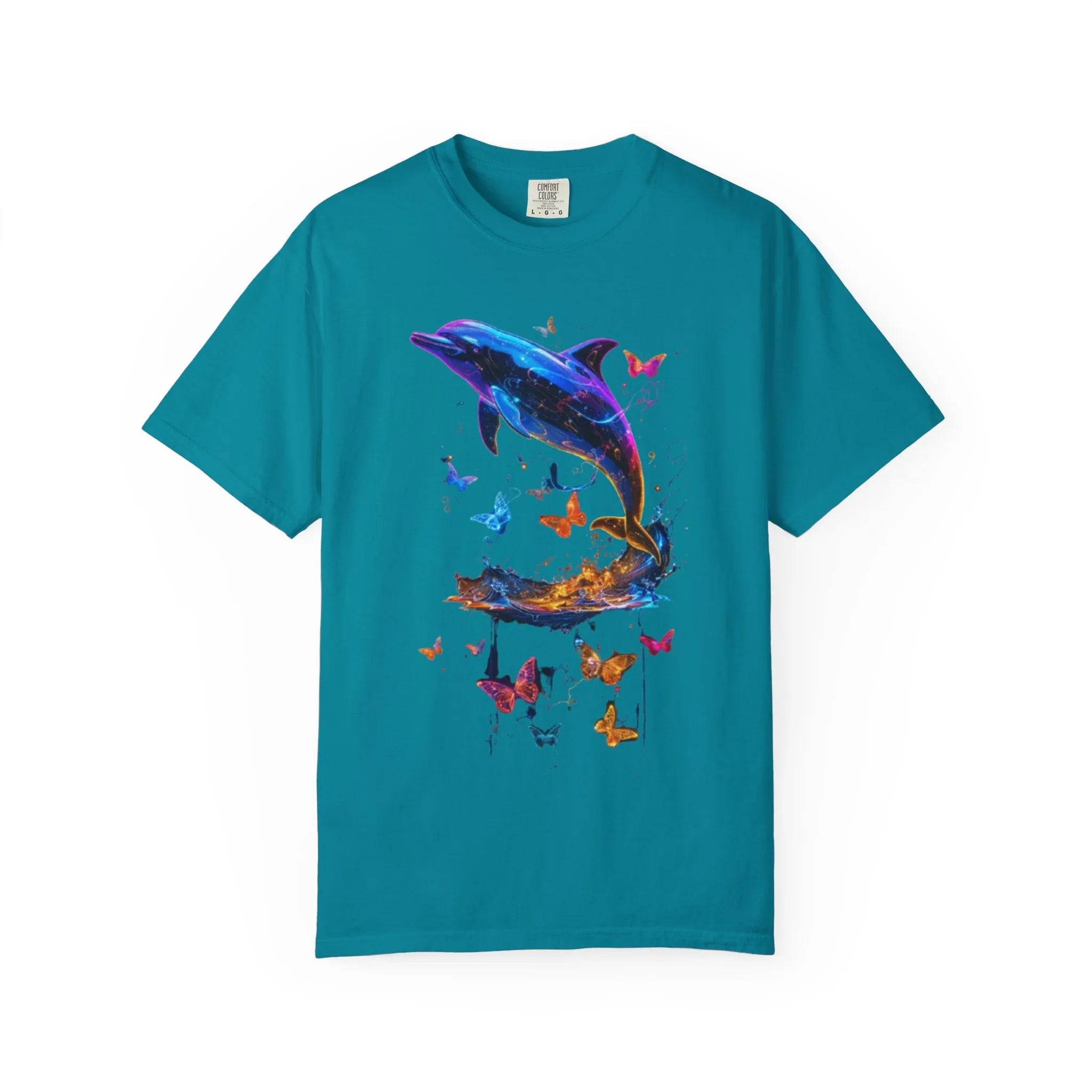Colorful Dolphin Splash with Butterflies T-Shirt | Ocean Animal Tee - 250 USA Celebration